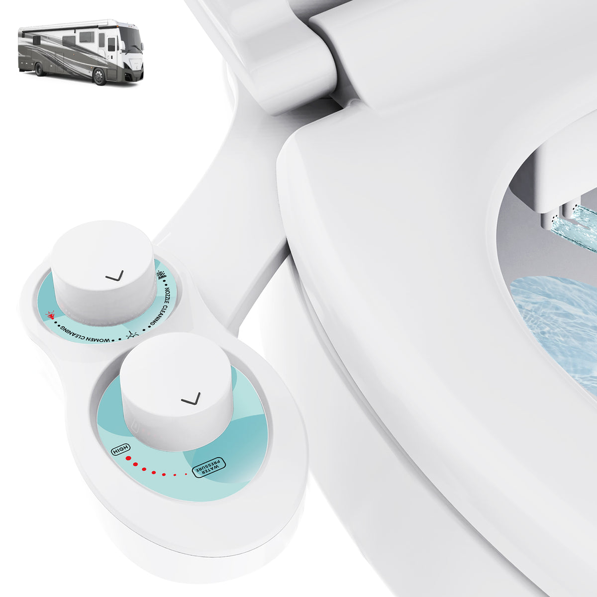 RV Bidet for Camper Toilet, Non-Electric Toilet Sprayer Attachment with Dual Nozzles, Adjustable Pressure