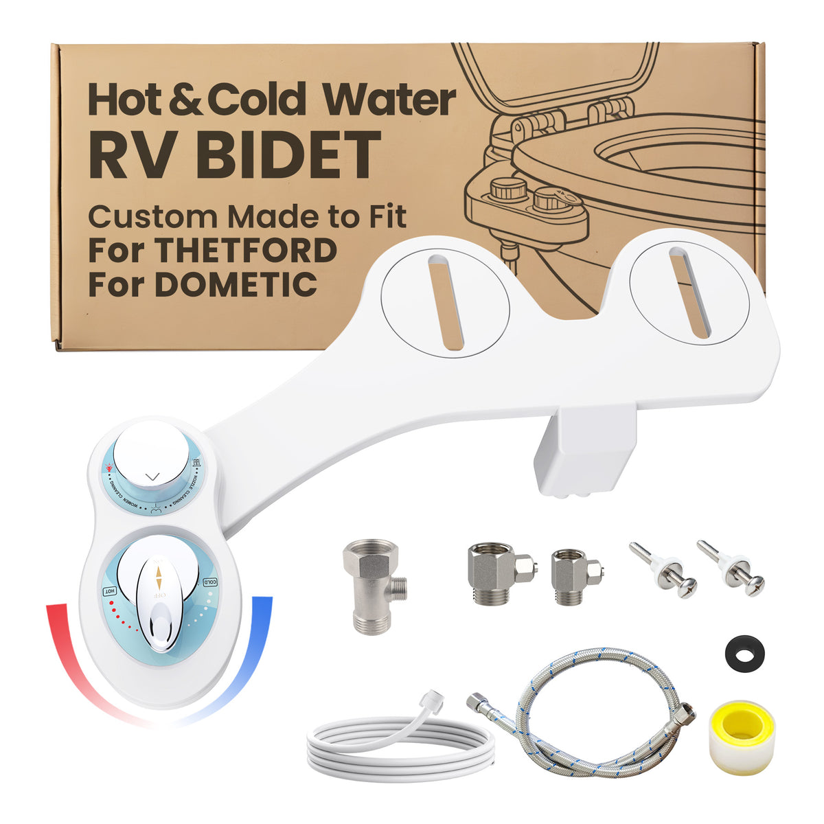 RV Hot and Cold Water Bidet Toilet Seat Attachment, RV Bidet for Camper Toilet with Dual Nozzles