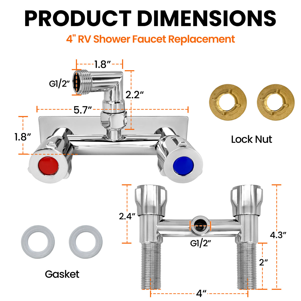 4" All Metal RV Shower Faucet with Quick Connect, 360° Swivel L-Shaped Adapter