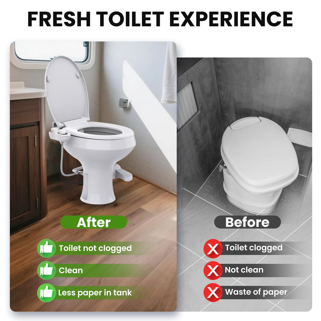 RV Bidet for Camper Toilet, Non-Electric Toilet Sprayer Attachment with Dual Nozzles, Adjustable Pressure