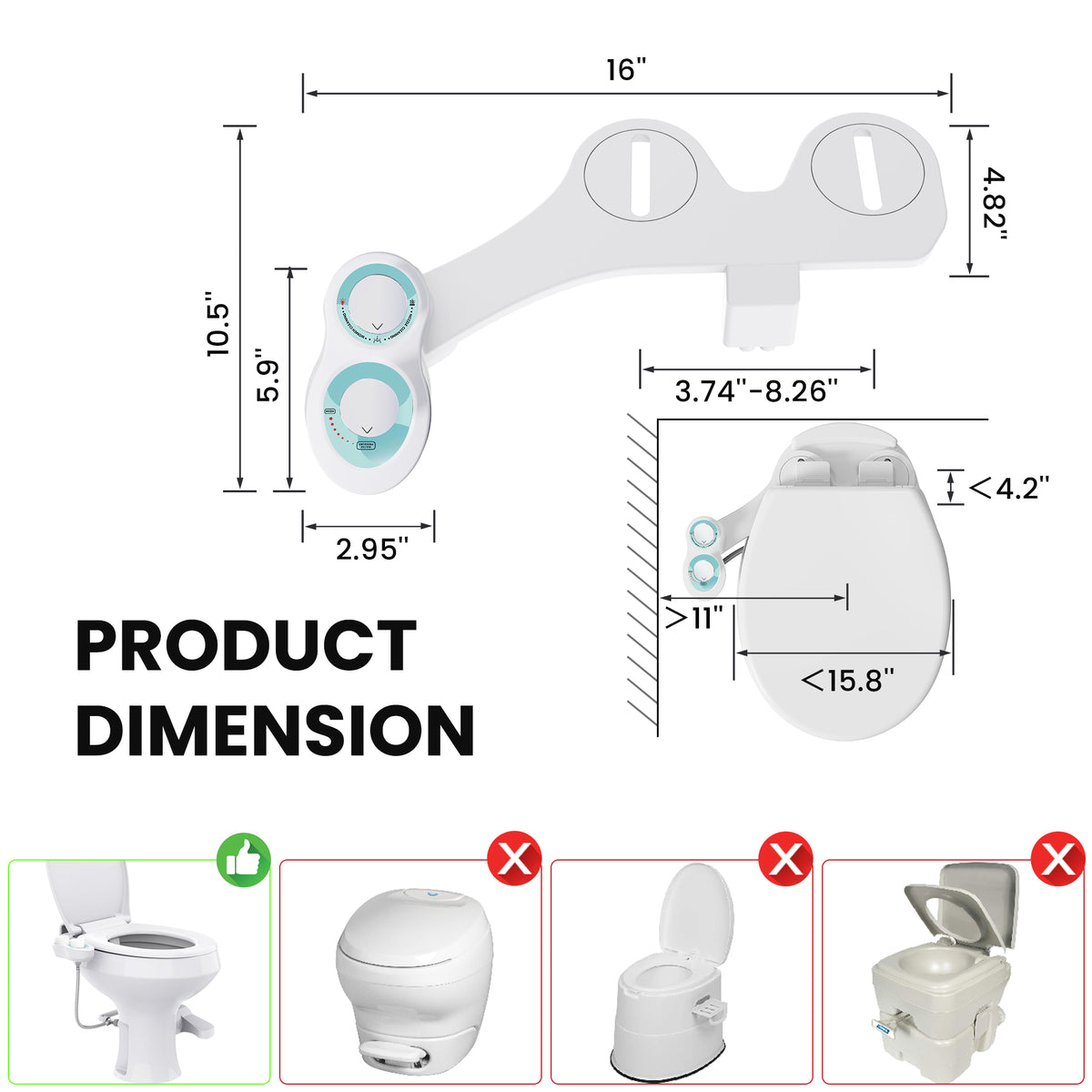 RV Bidet for Camper Toilet, Non-Electric Toilet Sprayer Attachment with Dual Nozzles, Adjustable Pressure