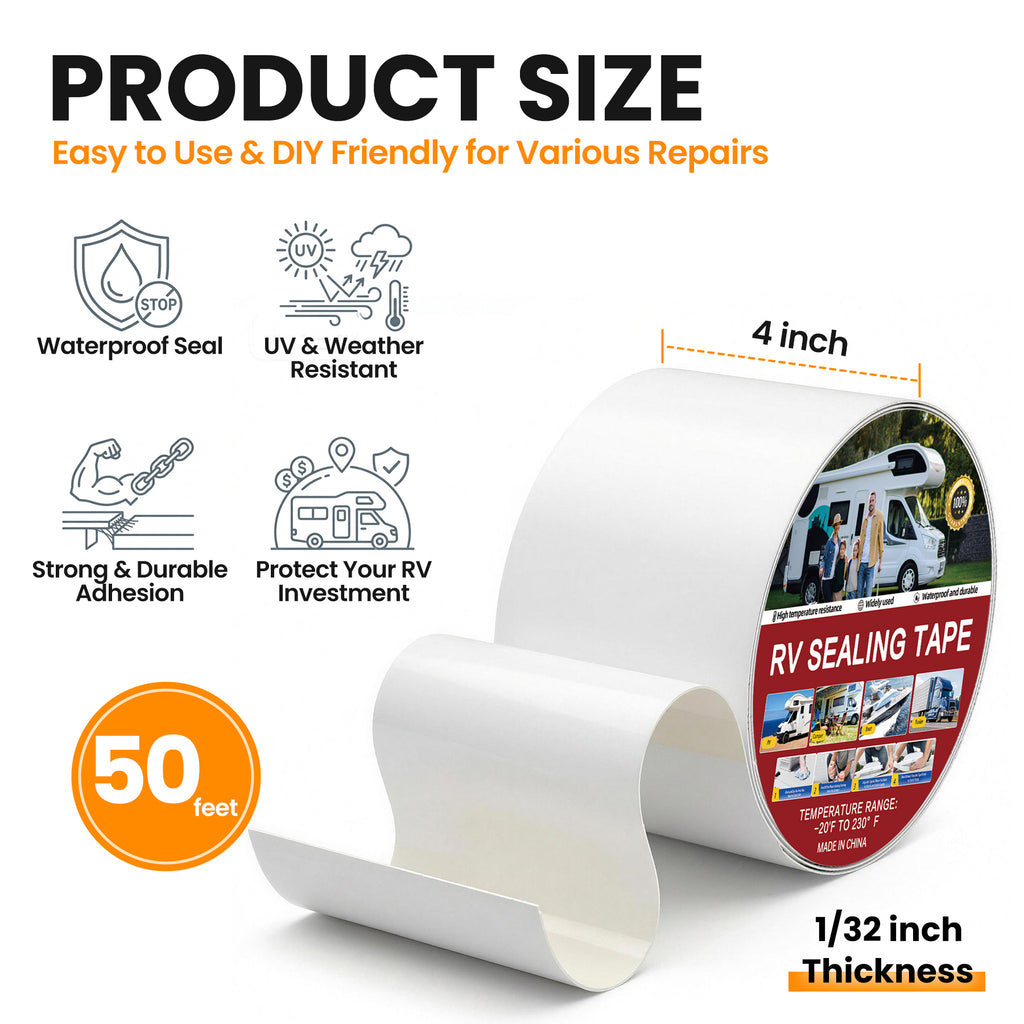 2 Pcs RV Roof Tape, Heavy Duty Waterproof Butyl Sealant Tape for Leak Repair (White, 4 Inch x 50 Ft, 1/32"Thickness)