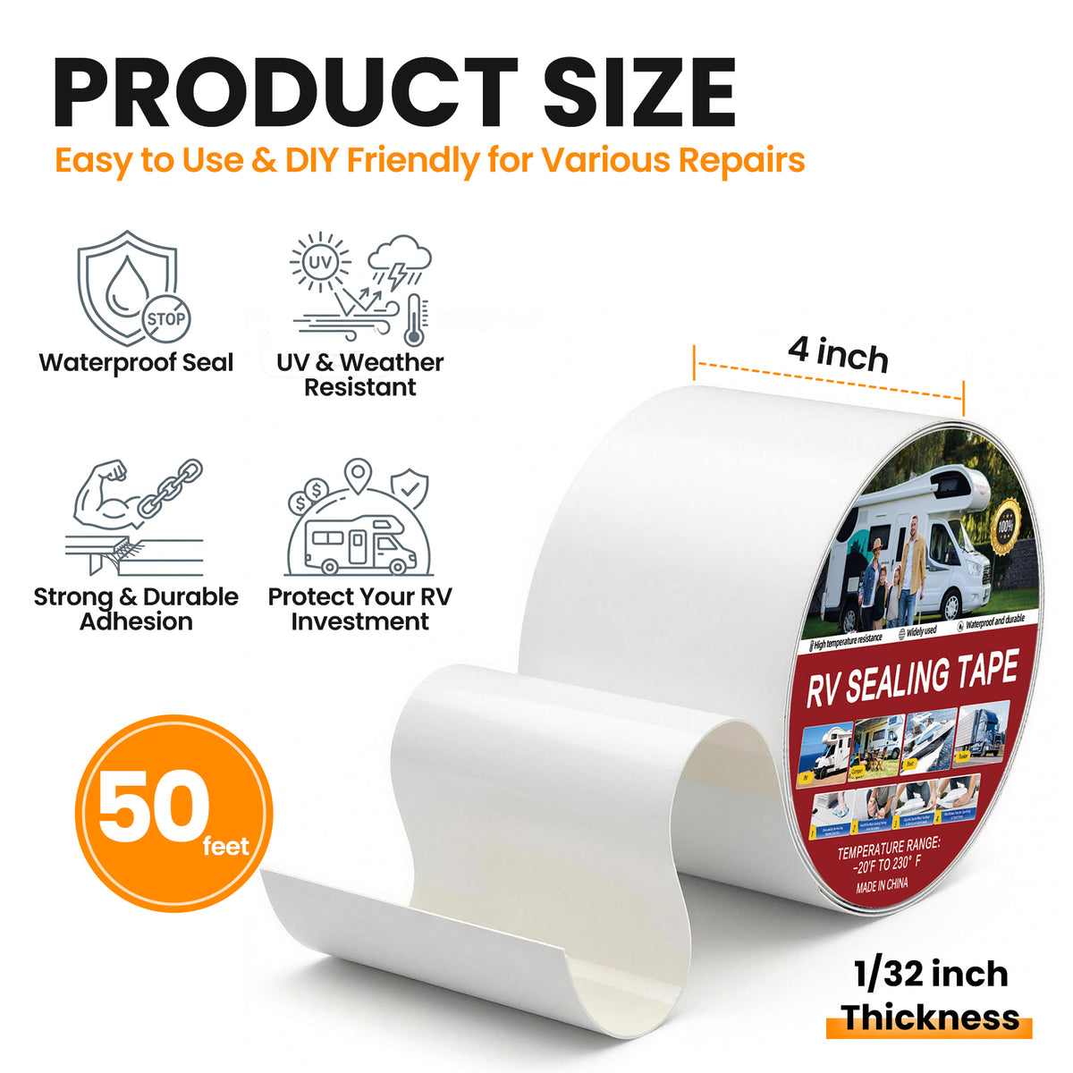 2 Pcs RV Roof Tape, Heavy Duty Waterproof Butyl Sealant Tape for Leak Repair (White, 4 Inch x 50 Ft, 1/32"Thickness)