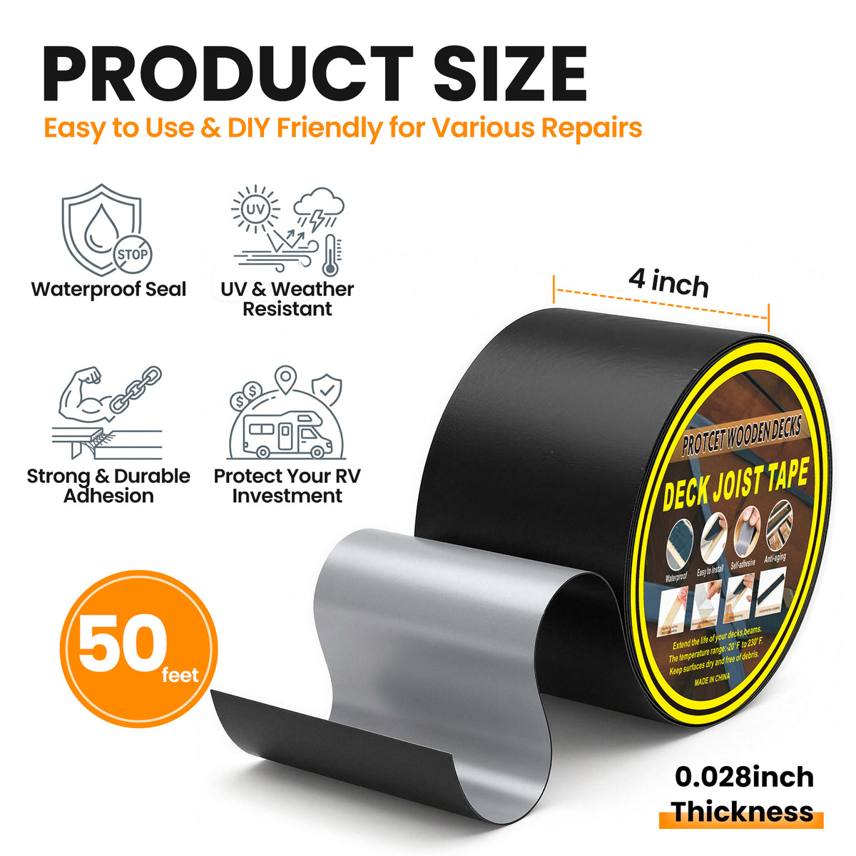 2 Pcs RV Roof Tape, Heavy Duty Waterproof Butyl Sealant Tape for Leak Repair (Black, 4 Inch x 50 Ft, 0.028"Thickness)