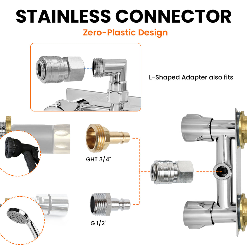 4" All Metal RV Shower Faucet with Quick Connect, 360° Swivel L-Shaped Adapter
