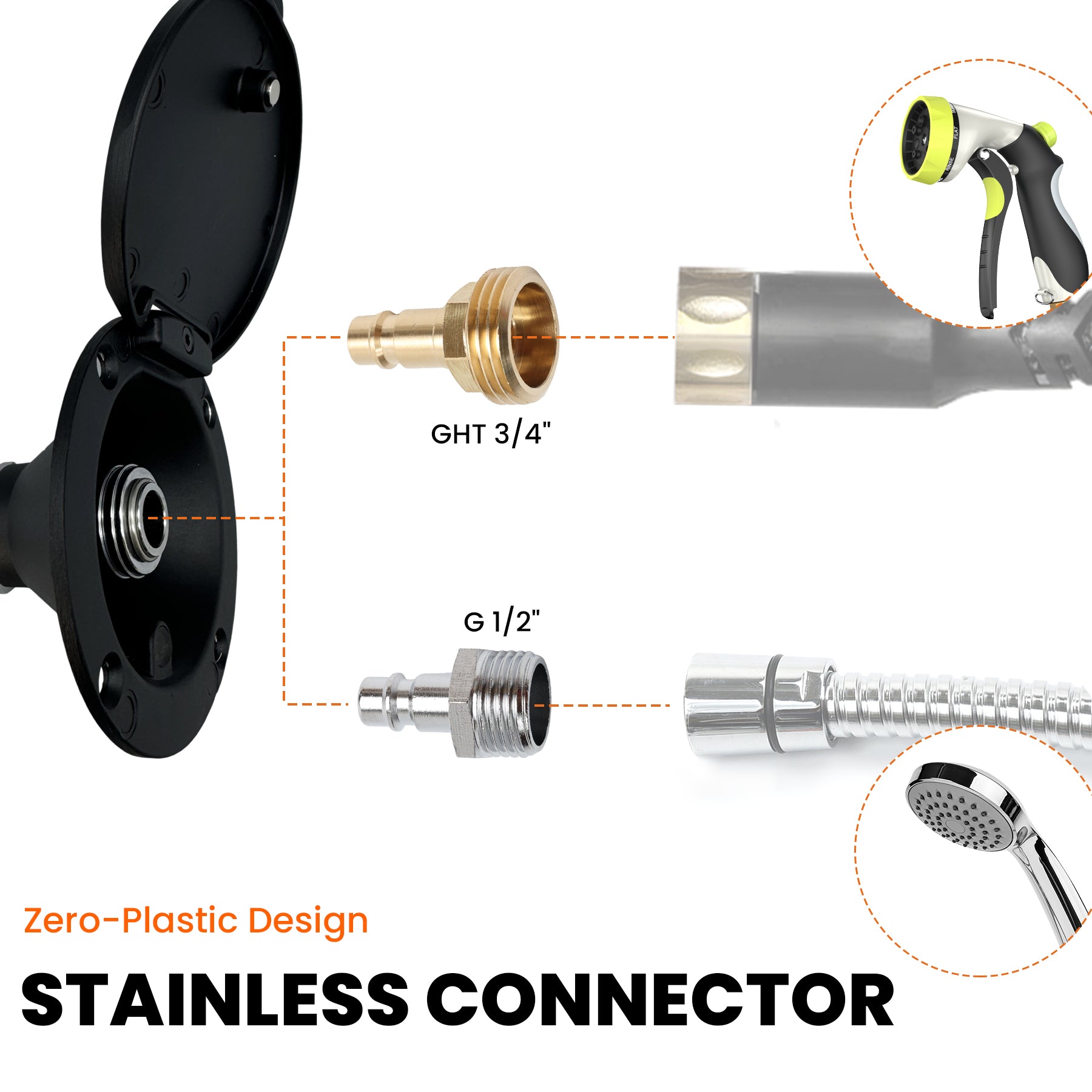 All-Metal RV Quick Connect Spray Port with G1/2" & GHT 3/4" Adapters