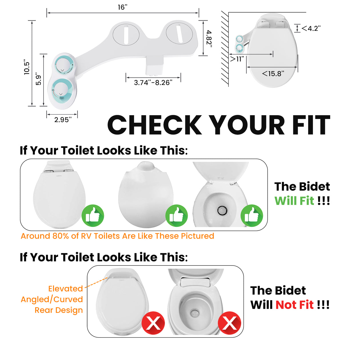 RV Bidet for Camper Toilet, Non-Electric Toilet Sprayer Attachment with Dual Nozzles, Adjustable Pressure
